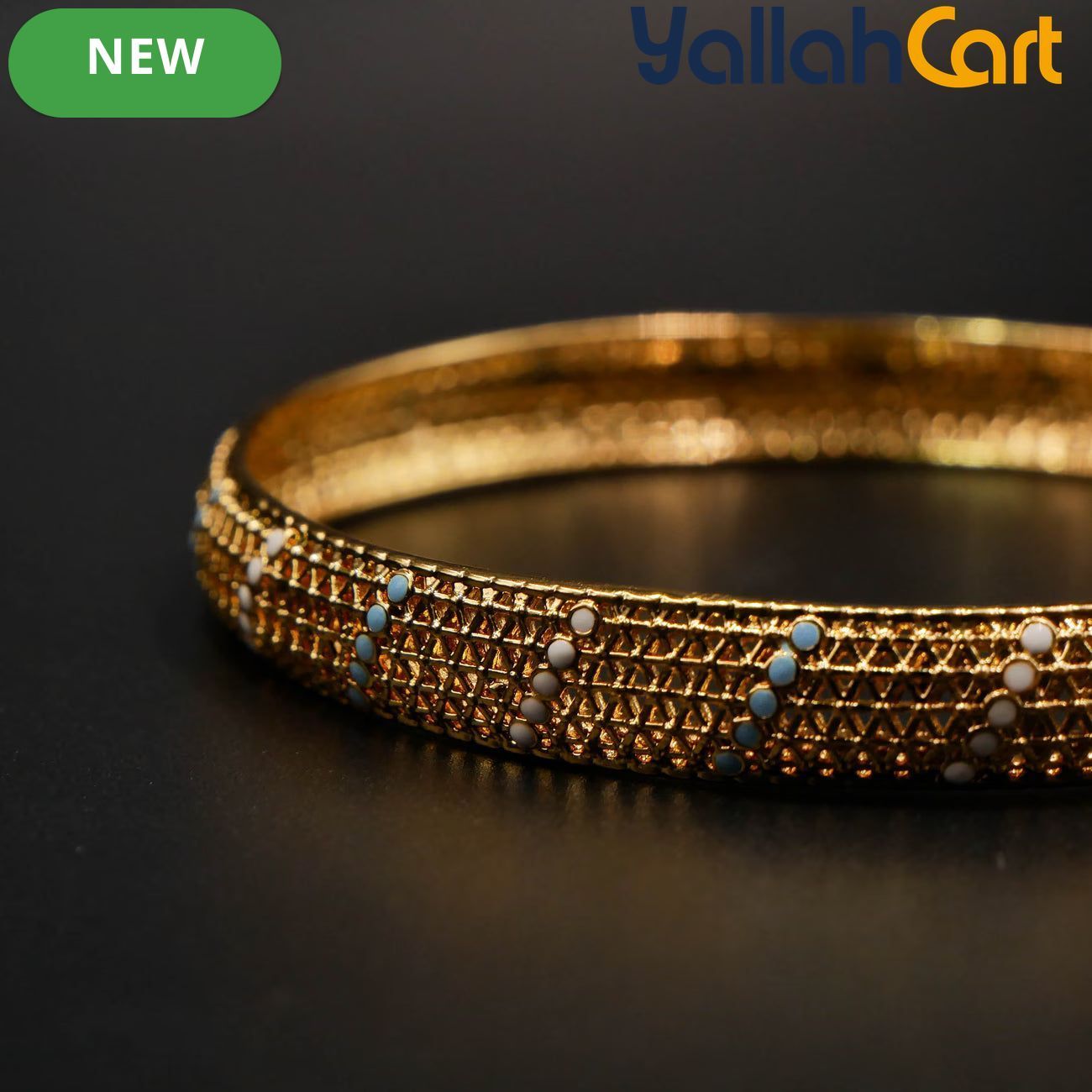 Gold-Tone Mesh Bangle Bracelet for Women – White & Blue Enamel Detail