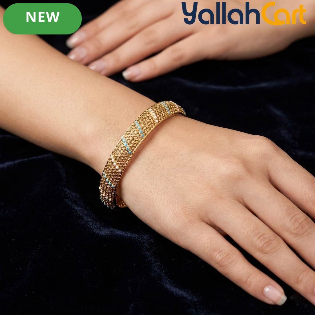 Gold-Tone Mesh Bangle Bracelet for Women – White & Blue Enamel Detail