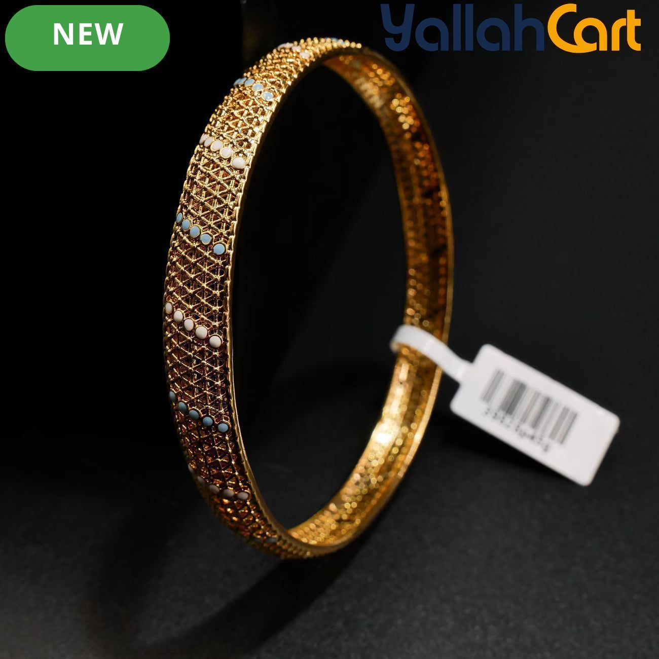 Gold-Tone Mesh Bangle Bracelet for Women – White & Blue Enamel Detail