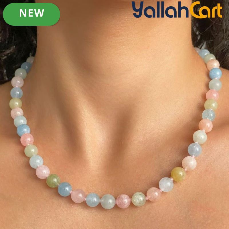 Pastel Multicolor Natural Stone Beaded Necklace – Handmade Round Bead Choker for Women