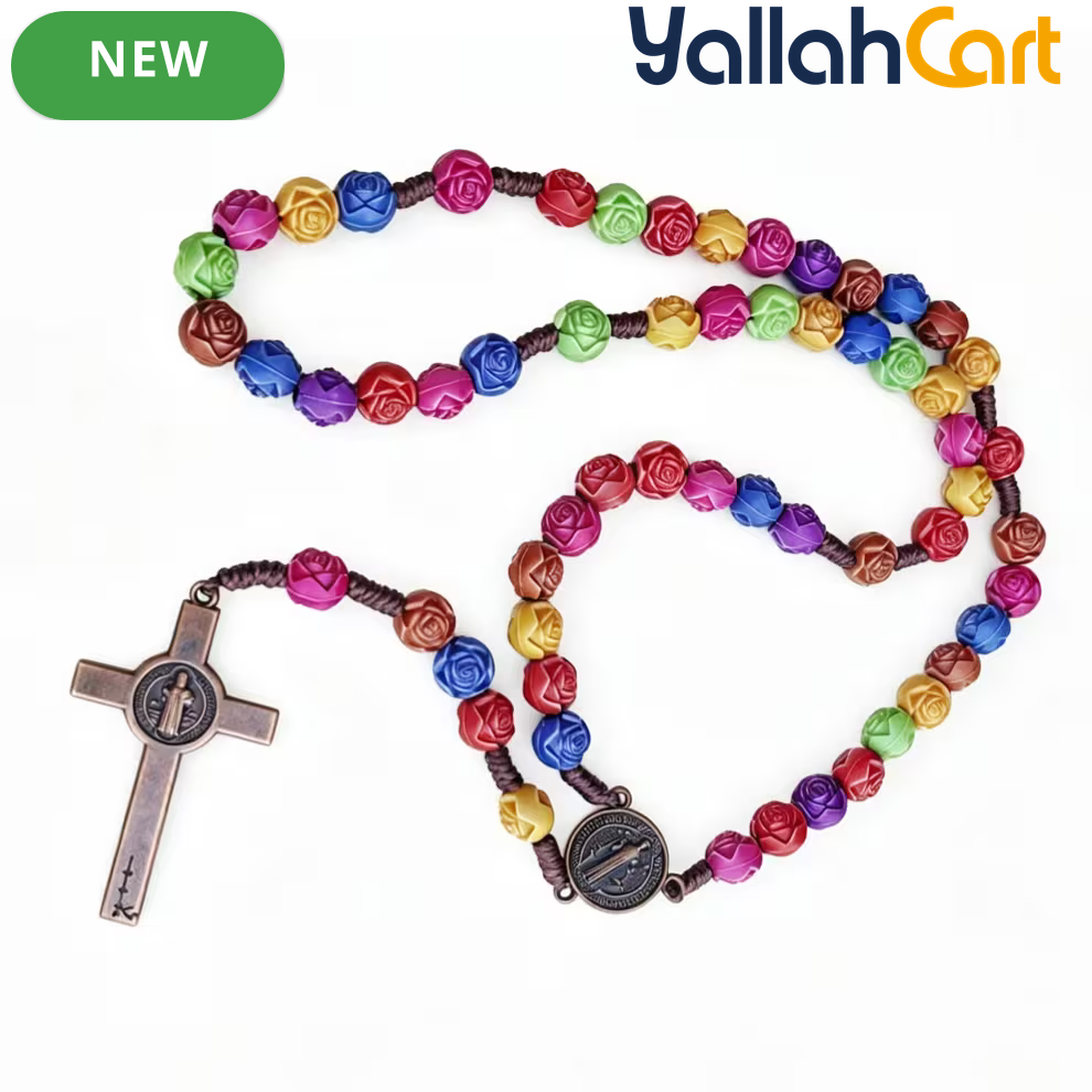 Multicolor Acrylic Rose Cross Pendant Necklace – Elegant Religious Jewelry for Women