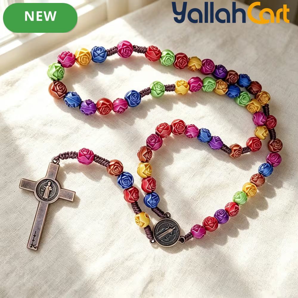 Multicolor Acrylic Rose Cross Pendant Necklace – Elegant Religious Jewelry for Women