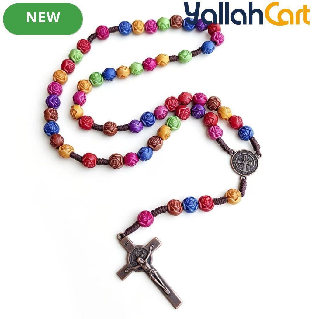 Multicolor Acrylic Rose Cross Pendant Necklace – Elegant Religious Jewelry for Women