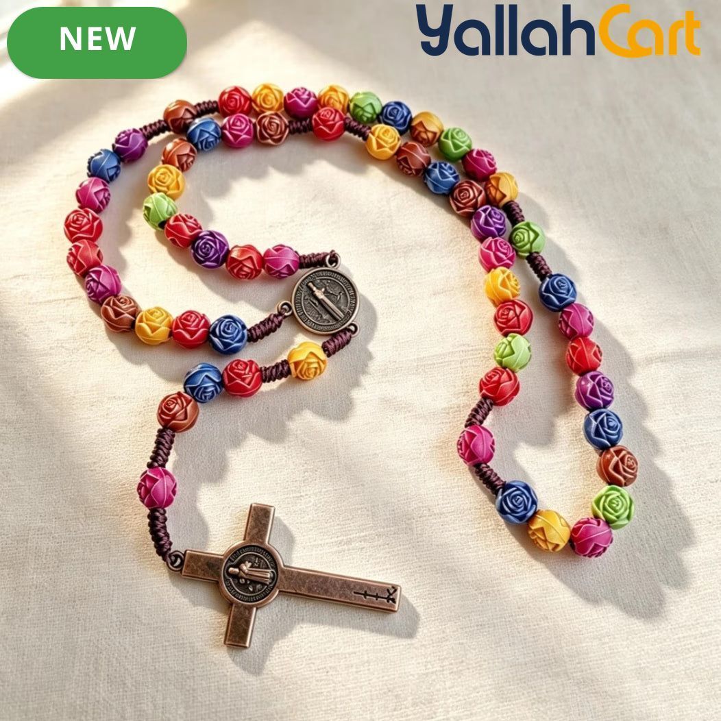 Multicolor Acrylic Rose Cross Pendant Necklace – Elegant Religious Jewelry for Women