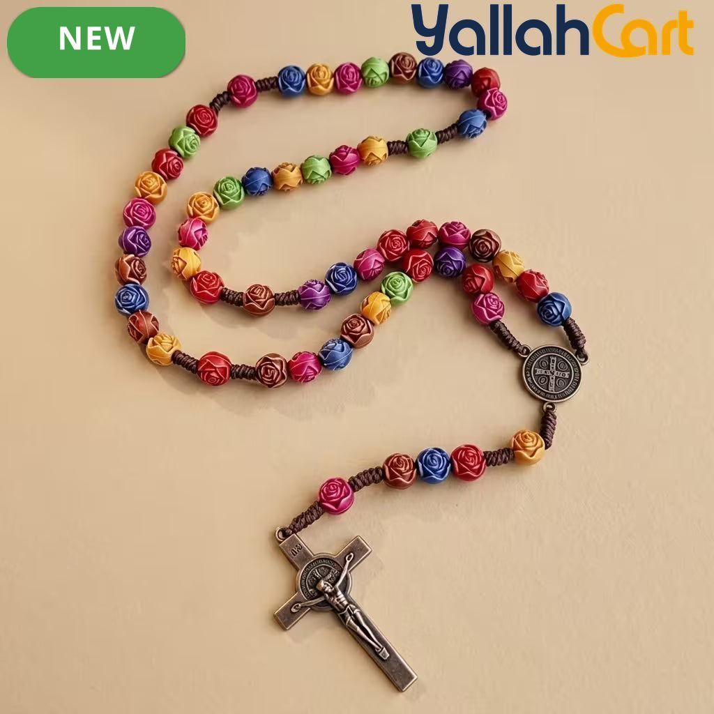 Multicolor Acrylic Rose Cross Pendant Necklace – Elegant Religious Jewelry for Women