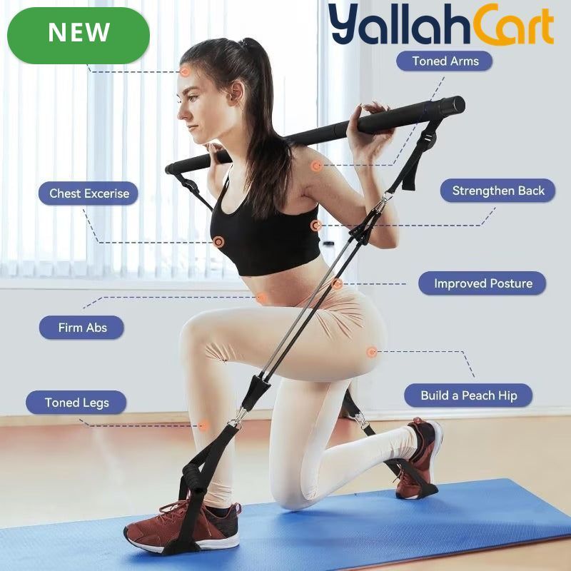 Portable Pilates Fitness Bar Set with 6 Resistance Bands – Home Workout Equipment