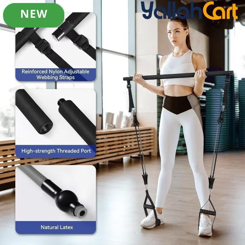 Portable Pilates Fitness Bar Set with 6 Resistance Bands – Home Workout Equipment