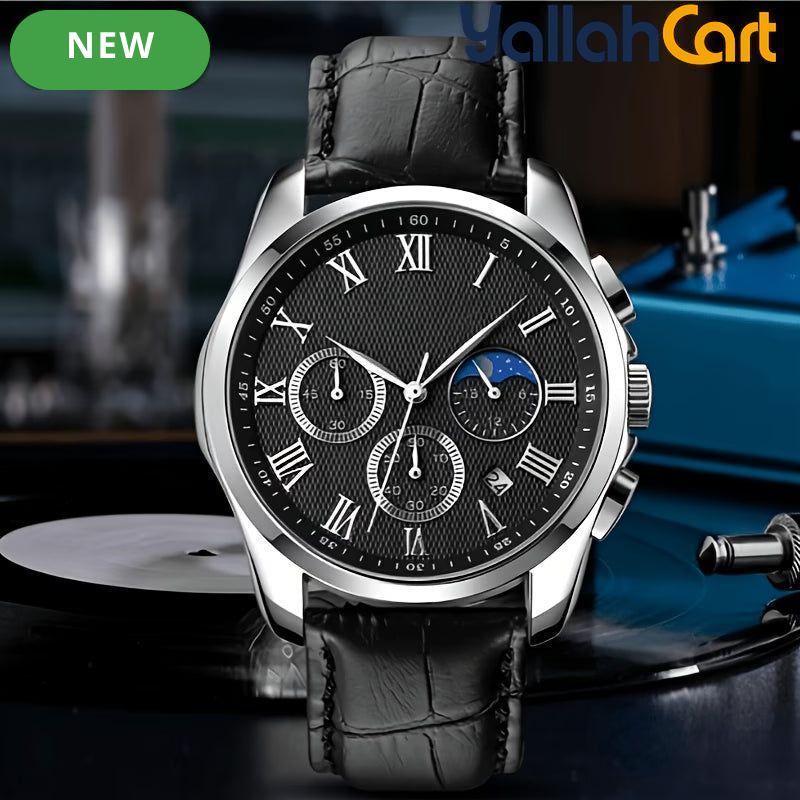 Men’s Multifunctional Quartz Watch – Waterproof Leather Strap Fashion Wristwatch