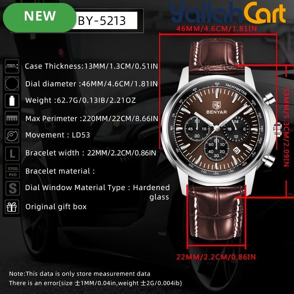 BENYAR Men’s Chronograph Quartz Watch – 46mm Sports Watch with Luminous Hands