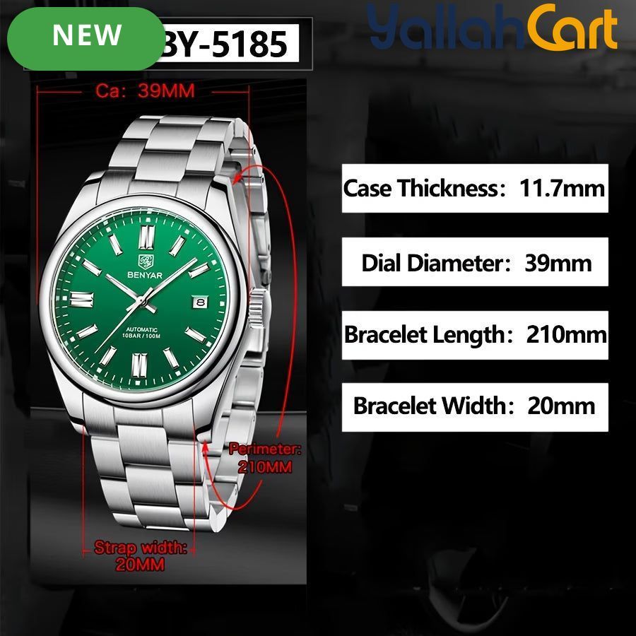 Green Men’s Automatic Mechanical Watch – 39mm Stainless Steel Waterproof Business Watch