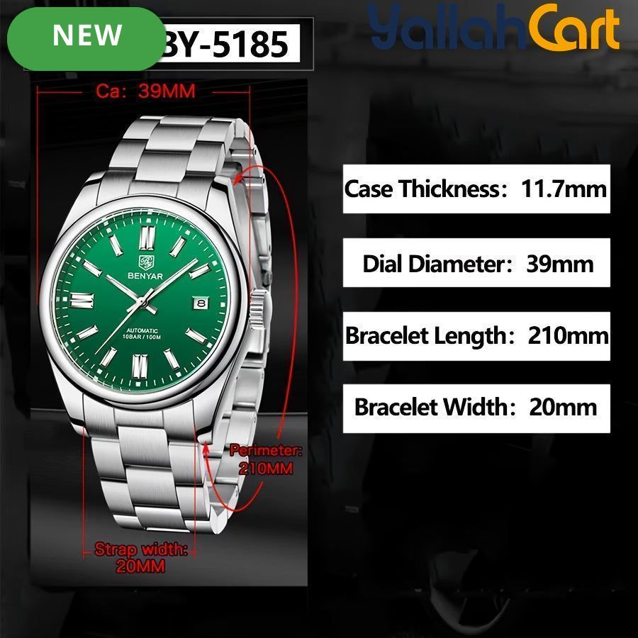 Green Men’s Automatic Mechanical Watch – 39mm Stainless Steel Waterproof Business Watch