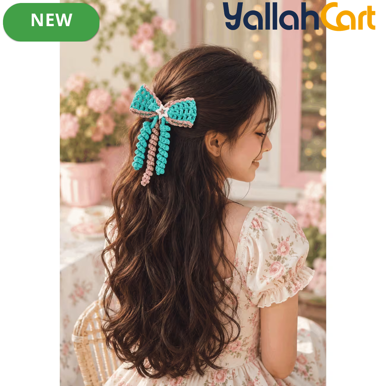 Mint Green and Pink Handmade Crochet Bow & Swirl Hair Clip – Elegant Hair Accessory for Women & Girls