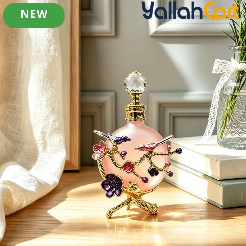Vintage 30ml Refillable Glass Perfume Bottle – Elegant Bird & Flower Decor with Crystal Cap