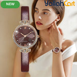 GEOMOY Burgundy Women’s Rhinestone Quartz Watch – Faux Leather Strap Elegant Round Dial Wristwatch