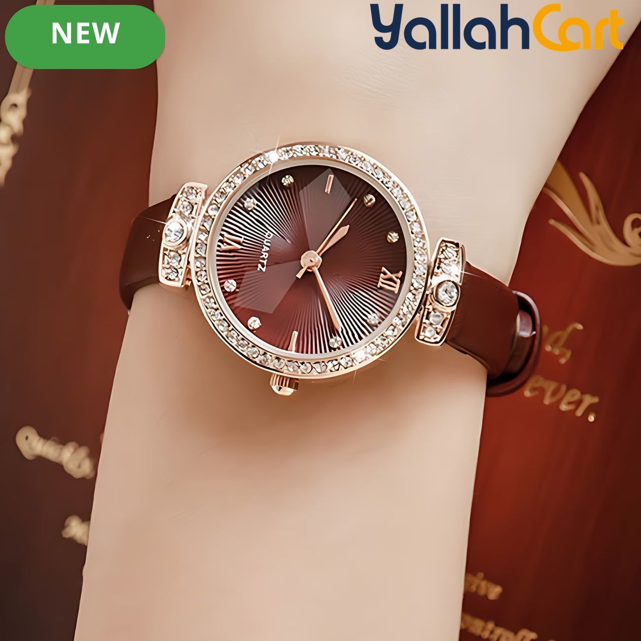GEOMOY Burgundy Women’s Rhinestone Quartz Watch – Faux Leather Strap Elegant Round Dial Wristwatch