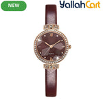 GEOMOY Burgundy Women’s Rhinestone Quartz Watch – Faux Leather Strap Elegant Round Dial Wristwatch