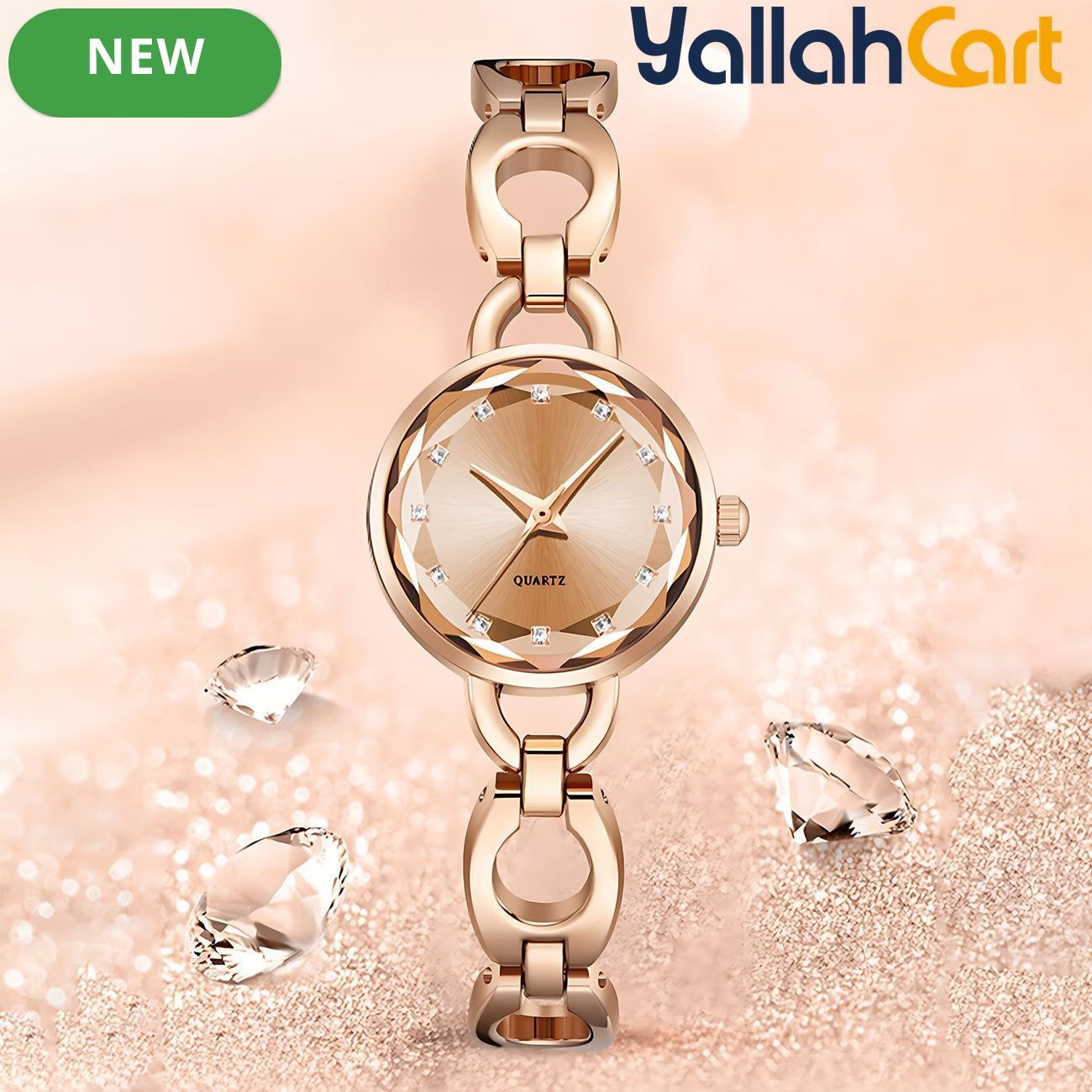 GEOMOY Women’s Rose Gold Skeleton Quartz Watch – Rhinestone Bracelet Analog Wristwatch