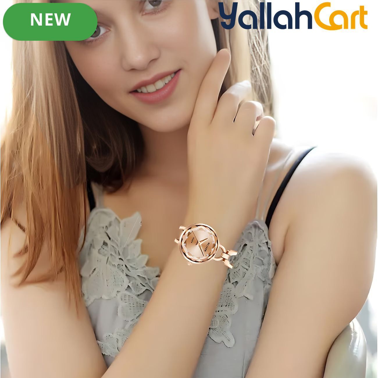 GEOMOY Women’s Rose Gold Skeleton Quartz Watch – Rhinestone Bracelet Analog Wristwatch