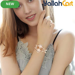 GEOMOY Women’s Rose Gold Skeleton Quartz Watch – Rhinestone Bracelet Analog Wristwatch