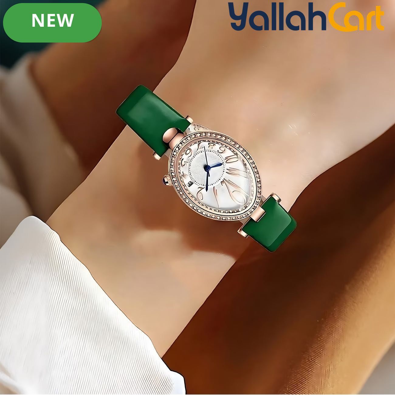 GEOMOY Women’s Green Strap Quartz Watch – Elegant Oval Dial with Rhinestone Details