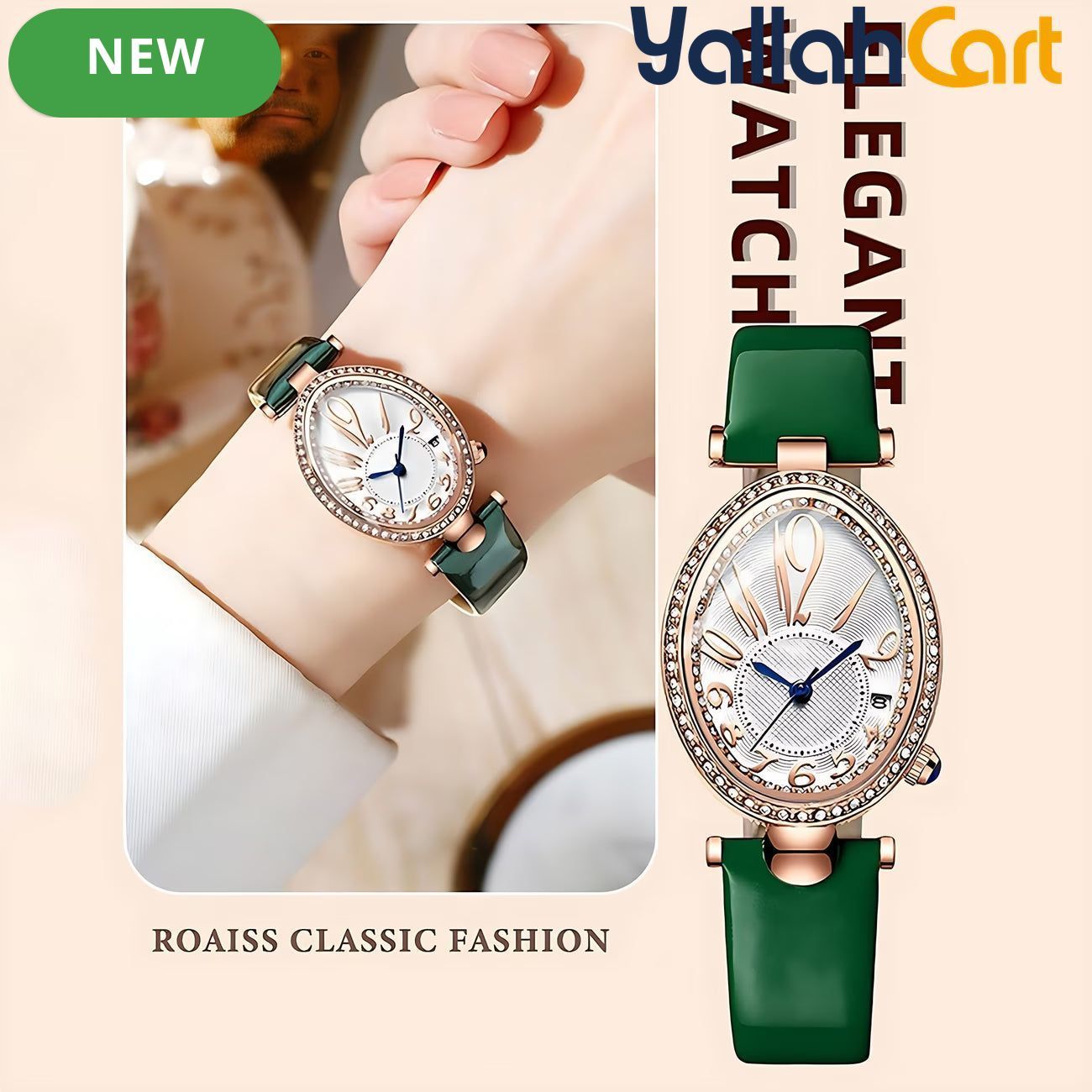 GEOMOY Women’s Green Strap Quartz Watch – Elegant Oval Dial with Rhinestone Details