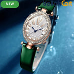 GEOMOY Women’s Green Strap Quartz Watch – Elegant Oval Dial with Rhinestone Details