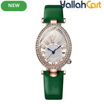 GEOMOY Women’s Green Strap Quartz Watch – Elegant Oval Dial with Rhinestone Details