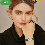 GEOMOY Women’s Green Strap Quartz Watch – Elegant Oval Dial with Rhinestone Details