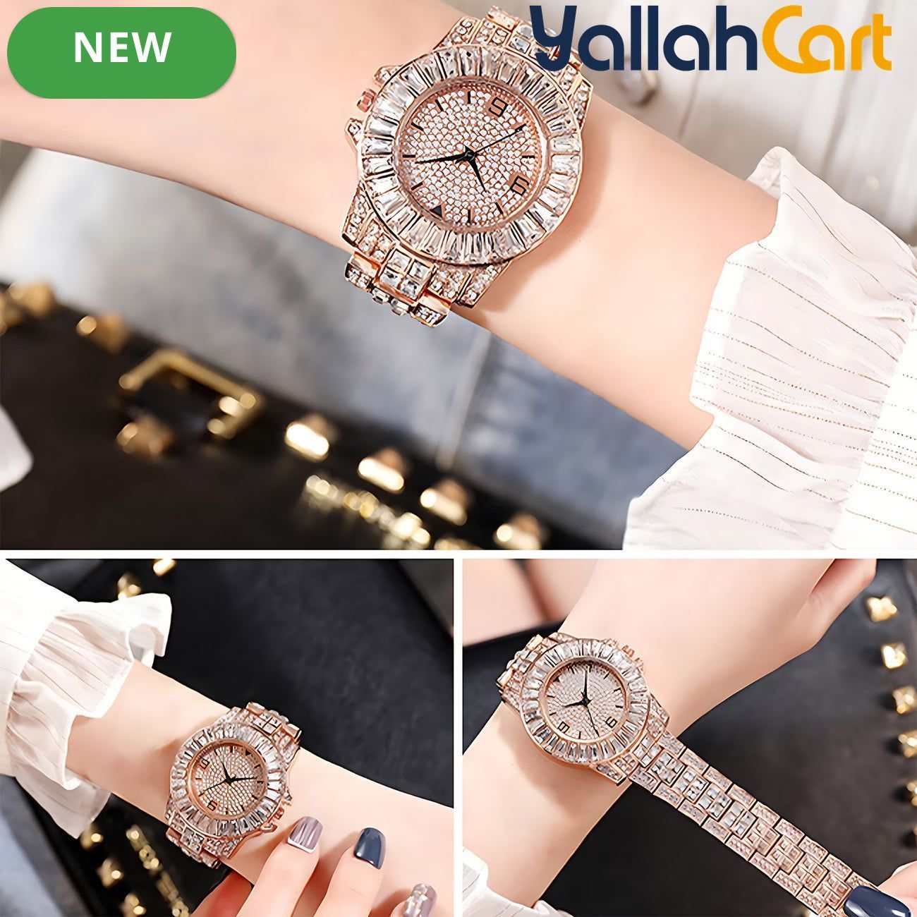 GEOMOY 3-Piece Women’s Rose Gold Watch Set – Rhinestone Quartz Watch with Matching Bracelets