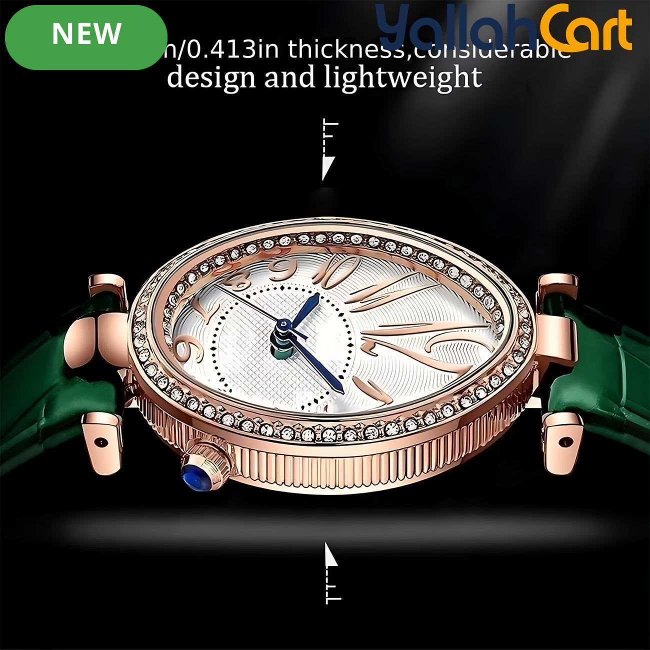 GEOMOY Women’s Green Strap Quartz Watch – Elegant Oval Dial with Rhinestone Details