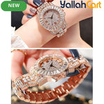 GEOMOY 3-Piece Women’s Rose Gold Watch Set – Rhinestone Quartz Watch with Matching Bracelets