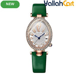 GEOMOY Women’s Green Strap Quartz Watch – Elegant Oval Dial with Rhinestone Details