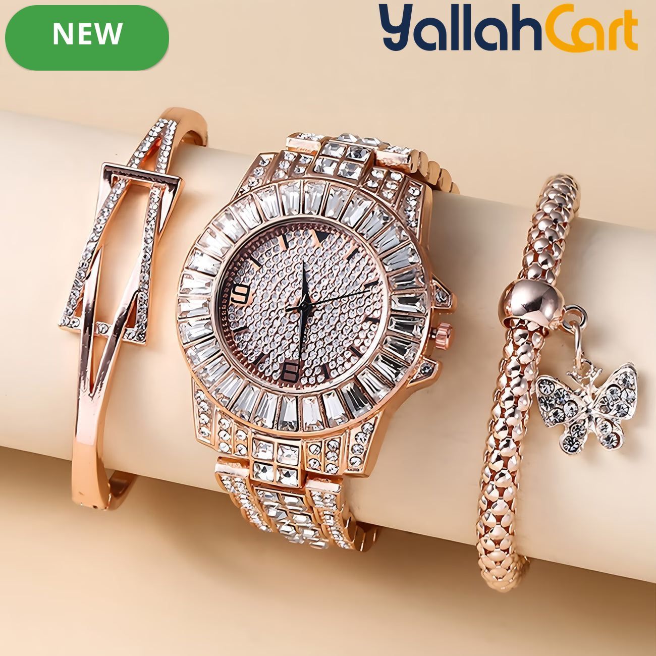GEOMOY 3-Piece Women’s Rose Gold Watch Set – Rhinestone Quartz Watch with Matching Bracelets