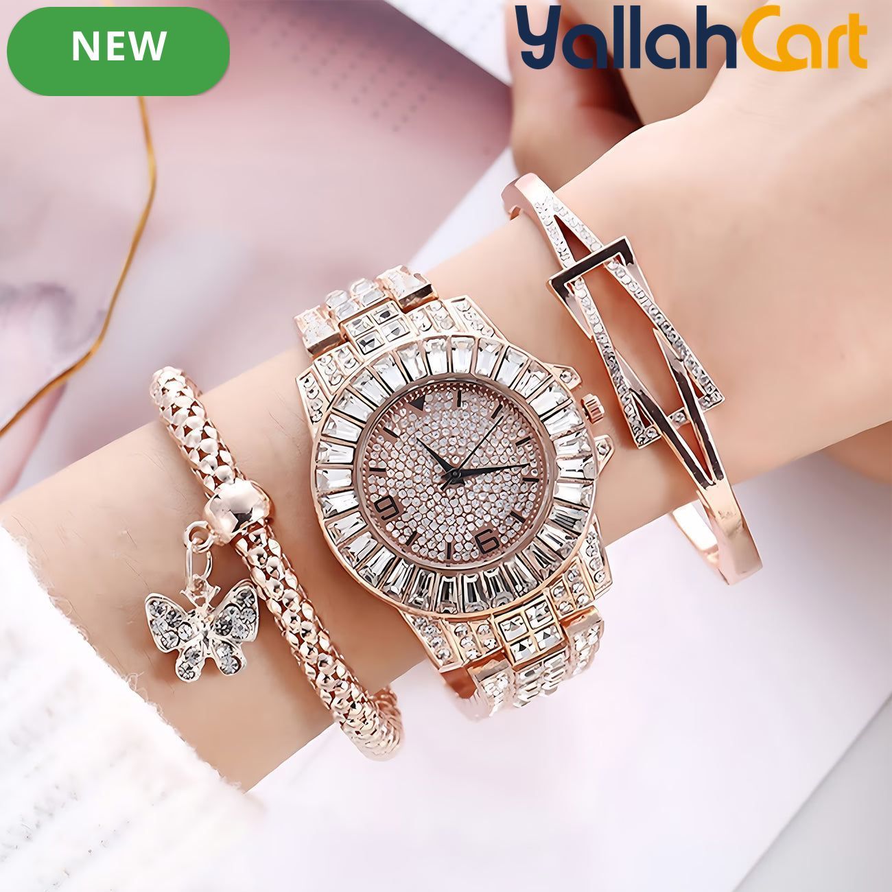 GEOMOY 3-Piece Women’s Rose Gold Watch Set – Rhinestone Quartz Watch with Matching Bracelets