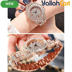 GEOMOY 3-Piece Women’s Rose Gold Watch Set – Rhinestone Quartz Watch with Matching Bracelets