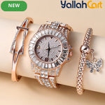GEOMOY 3-Piece Women’s Rose Gold Watch Set – Rhinestone Quartz Watch with Matching Bracelets