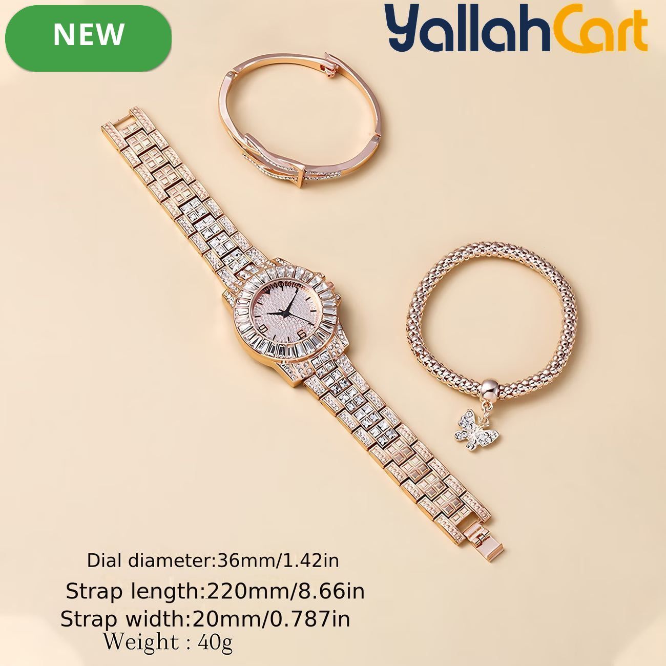 GEOMOY 3-Piece Women’s Rose Gold Watch Set – Rhinestone Quartz Watch with Matching Bracelets
