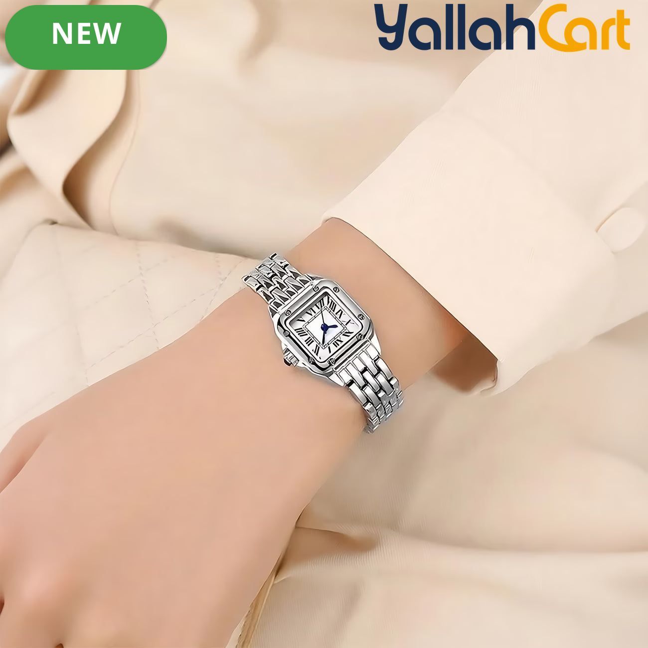 GEOMOY Women’s Silver-Tone Quartz Watch – Small Square Dial with Roman Numerals