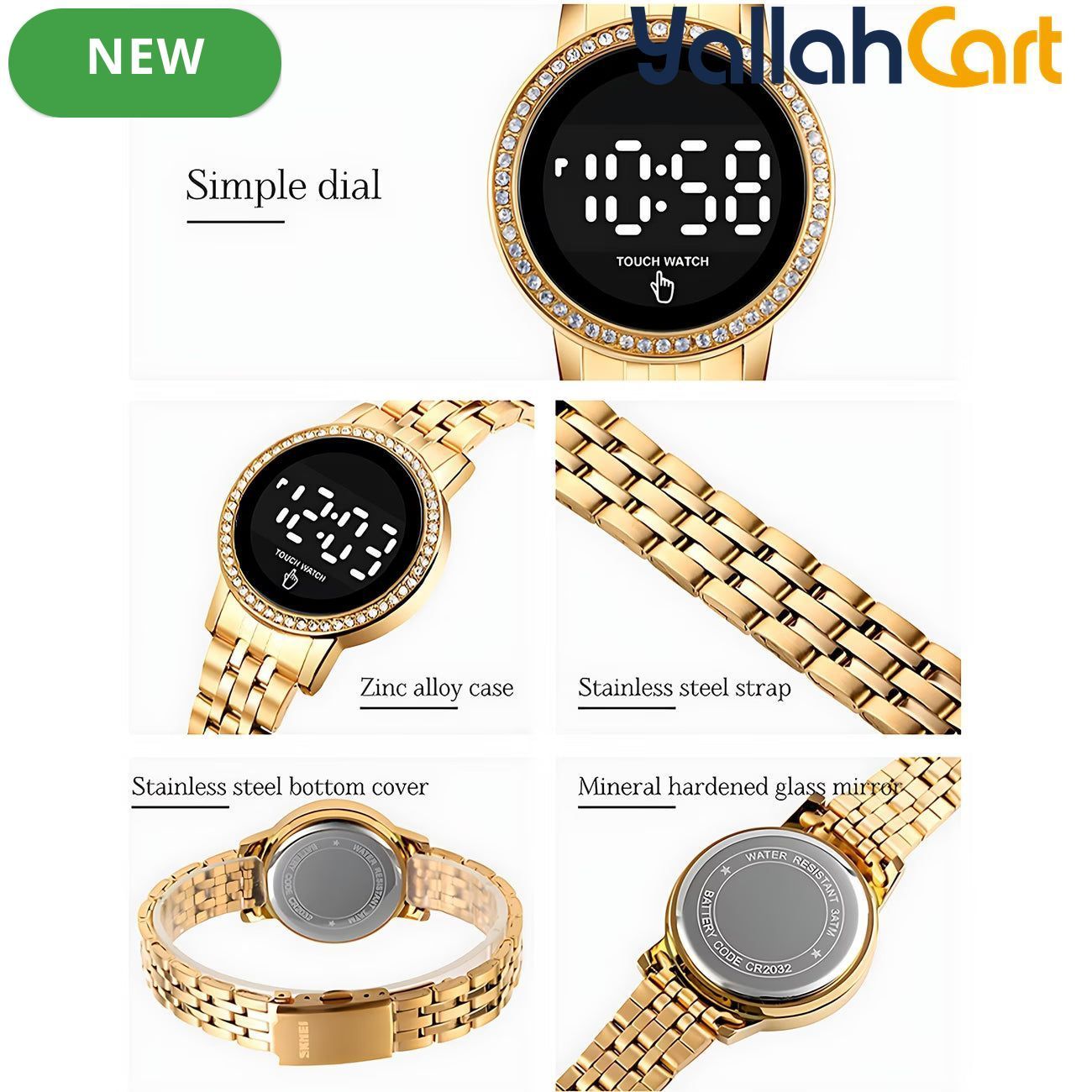 GEOMOY Women’s Digital LED Watch – Rhinestone Round Dial with Gold-Tone Stainless Steel Strap