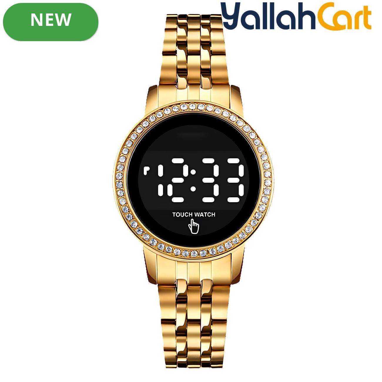GEOMOY Women’s Digital LED Watch – Rhinestone Round Dial with Gold-Tone Stainless Steel Strap
