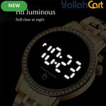 GEOMOY Women’s Digital LED Watch – Rhinestone Round Dial with Gold-Tone Stainless Steel Strap