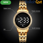 GEOMOY Women’s Digital LED Watch – Rhinestone Round Dial with Gold-Tone Stainless Steel Strap