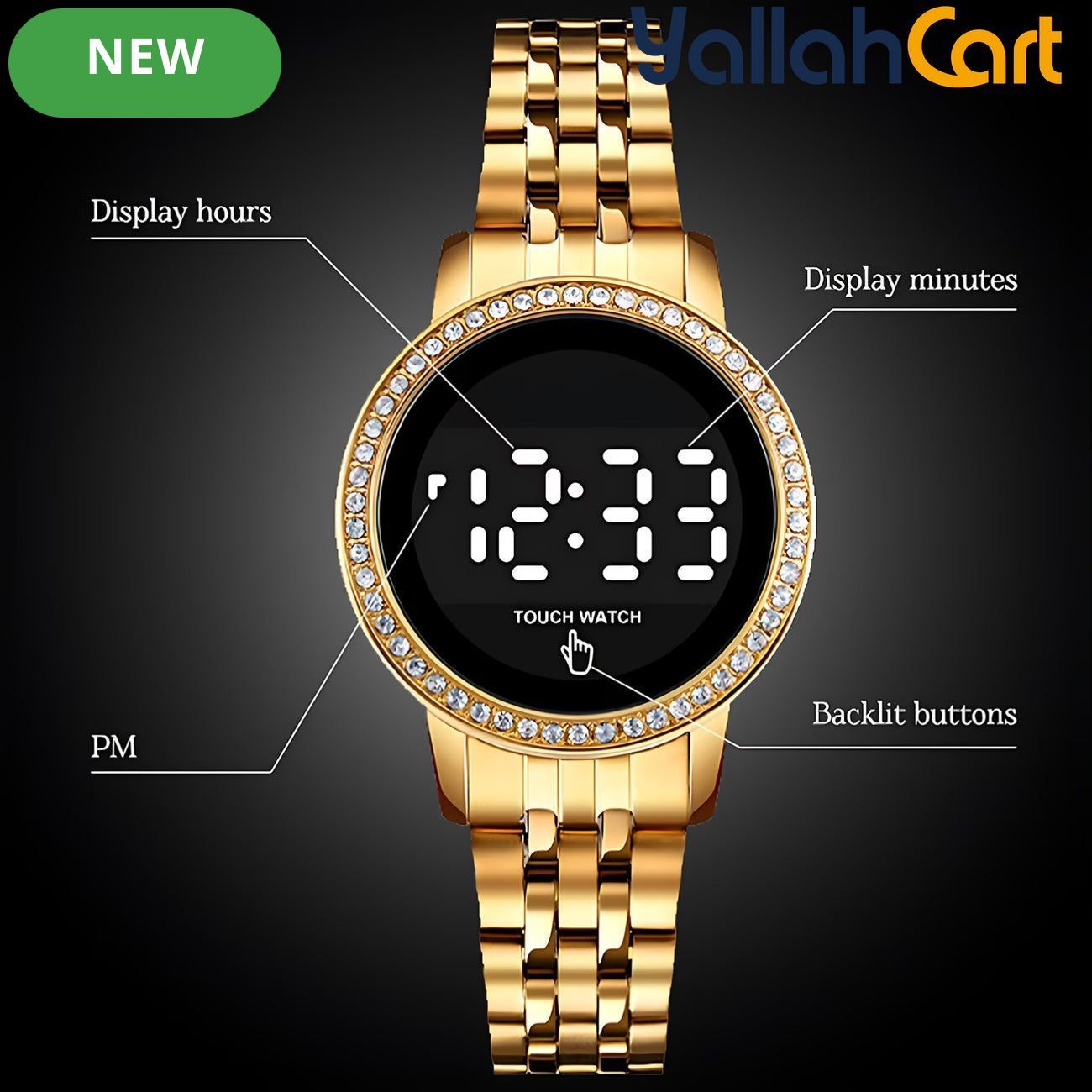 GEOMOY Women’s Digital LED Watch – Rhinestone Round Dial with Gold-Tone Stainless Steel Strap