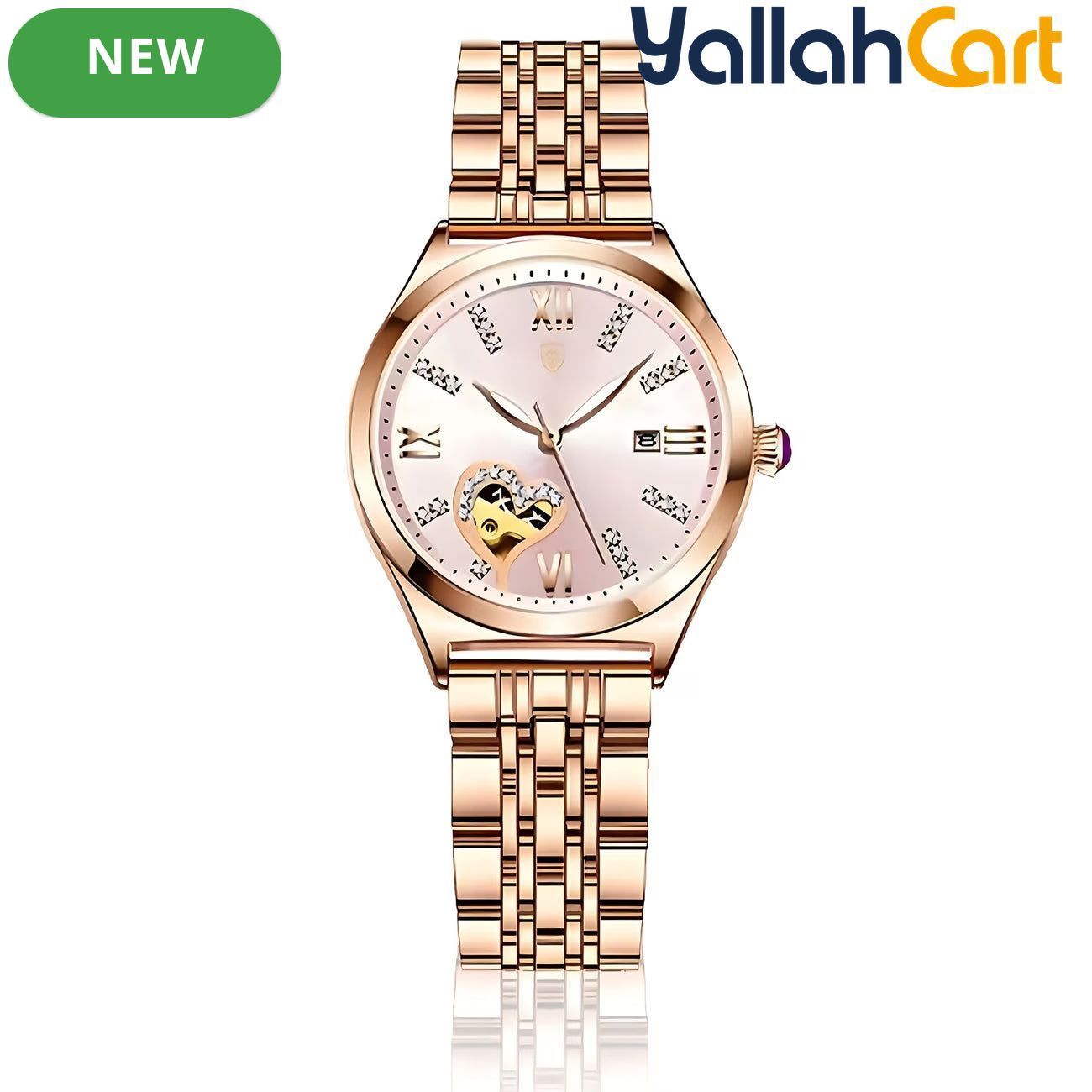 GEOMOY Women’s Rhinestone Quartz Watch – Hollow Heart Dial with Stainless Steel Strap