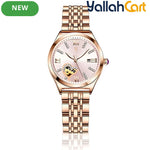 GEOMOY Women’s Rhinestone Quartz Watch – Hollow Heart Dial with Stainless Steel Strap