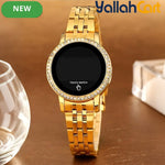 GEOMOY Women’s Digital LED Watch – Rhinestone Round Dial with Gold-Tone Stainless Steel Strap