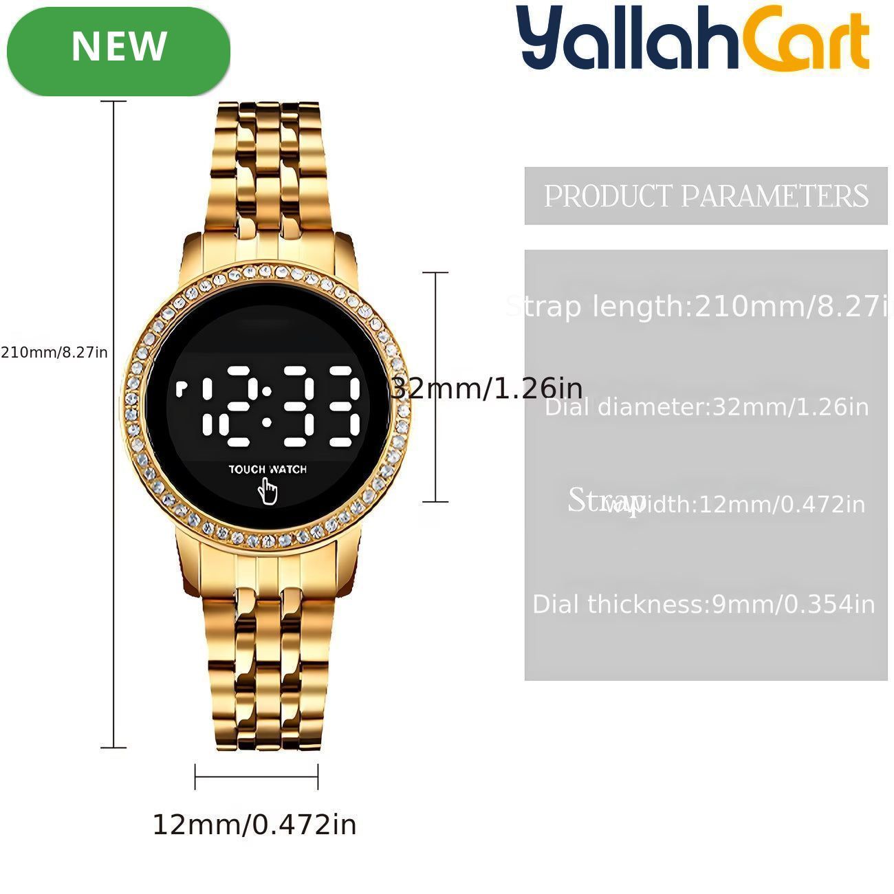 GEOMOY Women’s Digital LED Watch – Rhinestone Round Dial with Gold-Tone Stainless Steel Strap