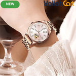 GEOMOY Women’s Rhinestone Quartz Watch – Hollow Heart Dial with Stainless Steel Strap