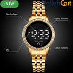 GEOMOY Women’s Digital LED Watch – Rhinestone Round Dial with Gold-Tone Stainless Steel Strap