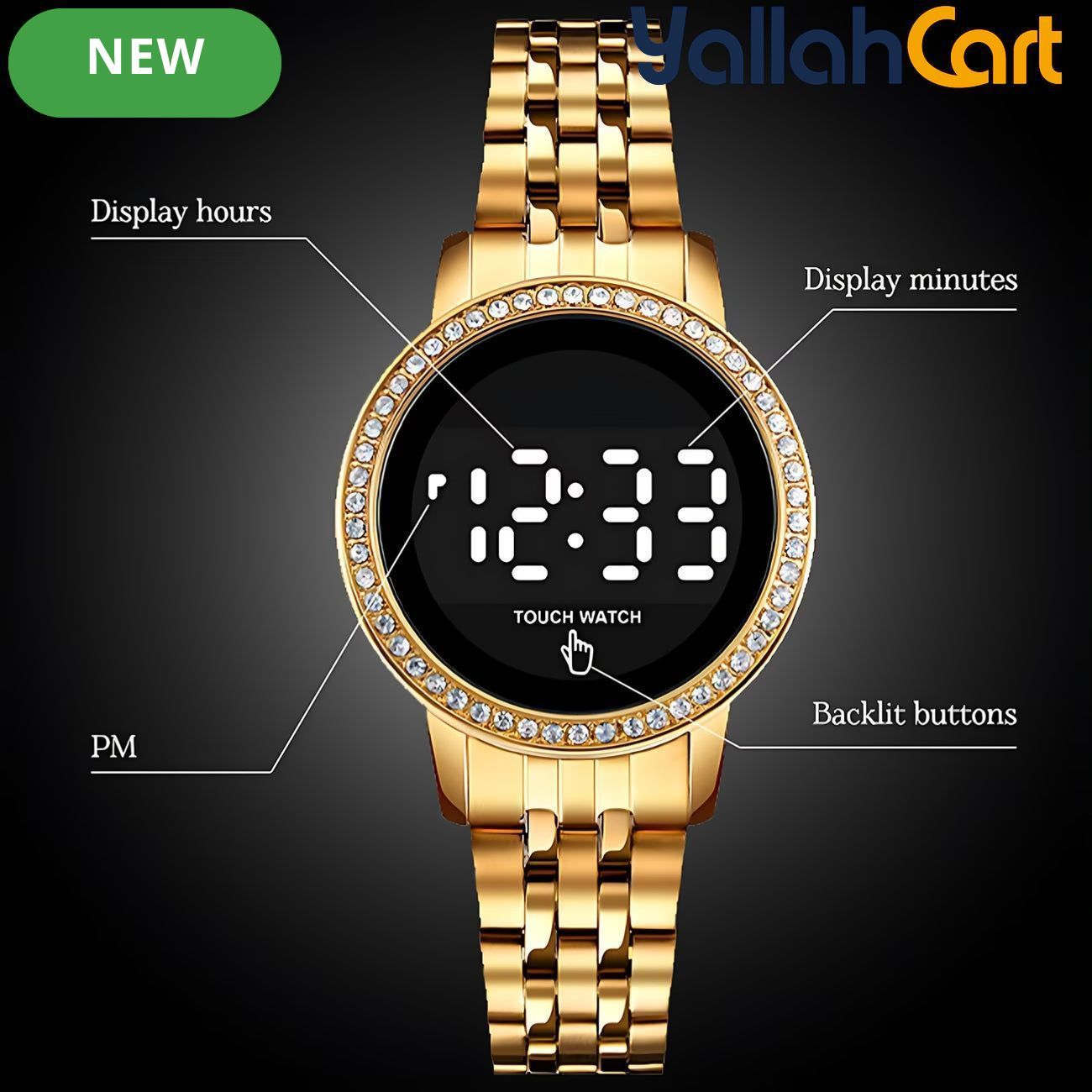 GEOMOY Women’s Digital LED Watch – Rhinestone Round Dial with Gold-Tone Stainless Steel Strap